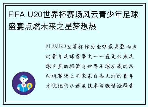 FIFA U20世界杯赛场风云青少年足球盛宴点燃未来之星梦想热